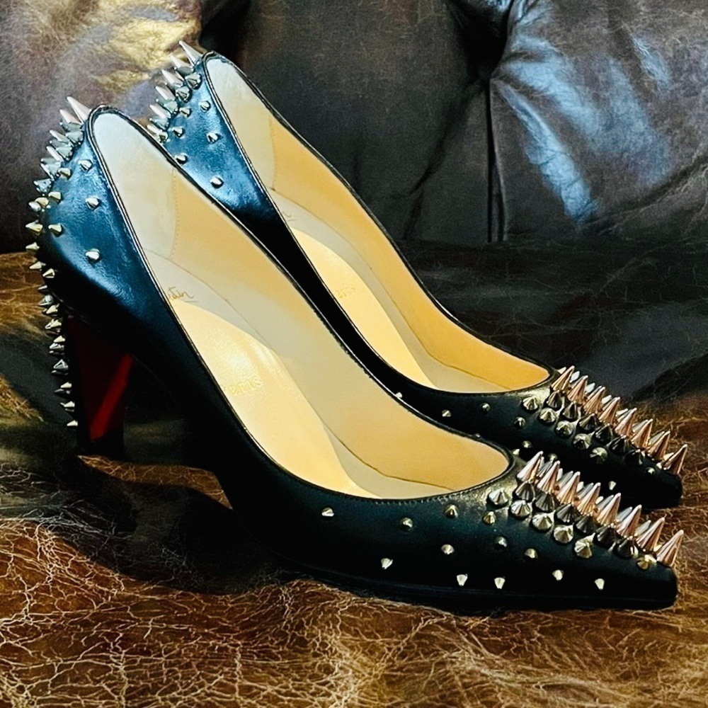 Christian Louboutin Dinosa multicolor spike 70mm black Napa leather pumps EU39.5 - Picture 7 of 10